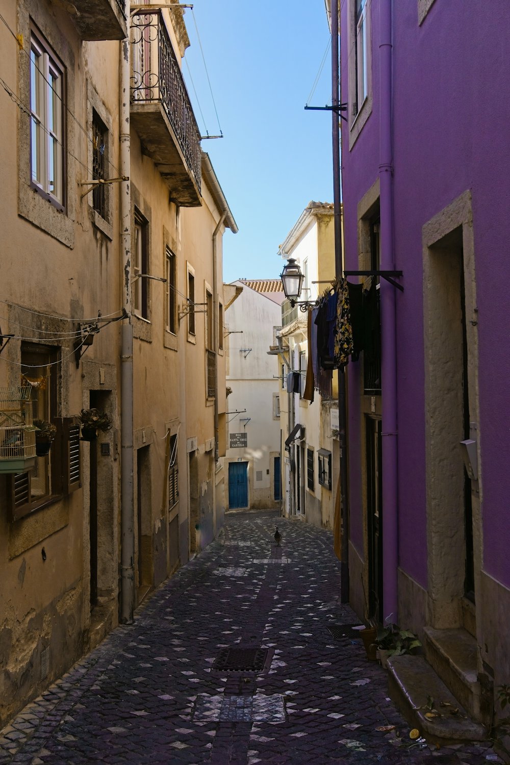 Rua portuguesa em calçada com fachadas tradicionais